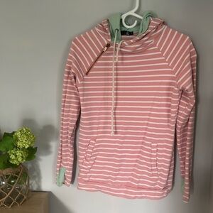 Ampersand Avenue double hood sweatshirt hoodie size small pink mint stripes
